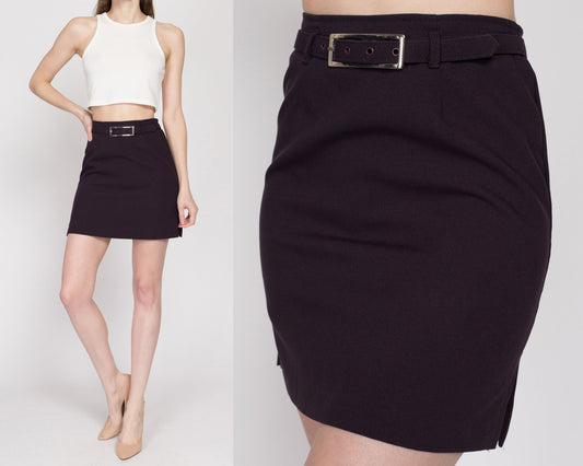 XS 90s Plum Purple Belted Mini Skirt 25" | Vintage High Waisted A Line Minimalist Miniskirt