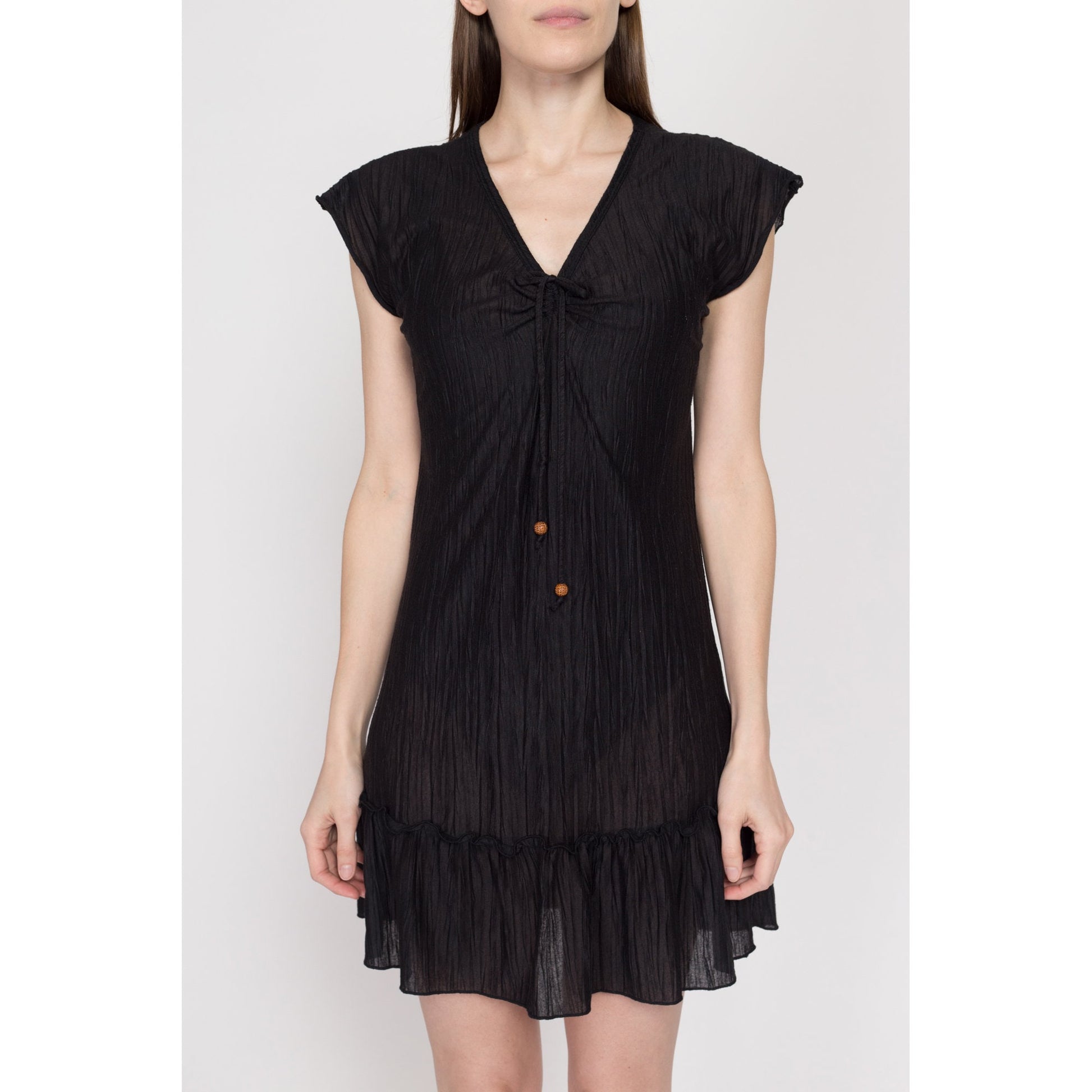 Small 90s Sheer Black Mini Sundress | Vintage Grunge Short Sleeve Boho Beach Cover Up Dress