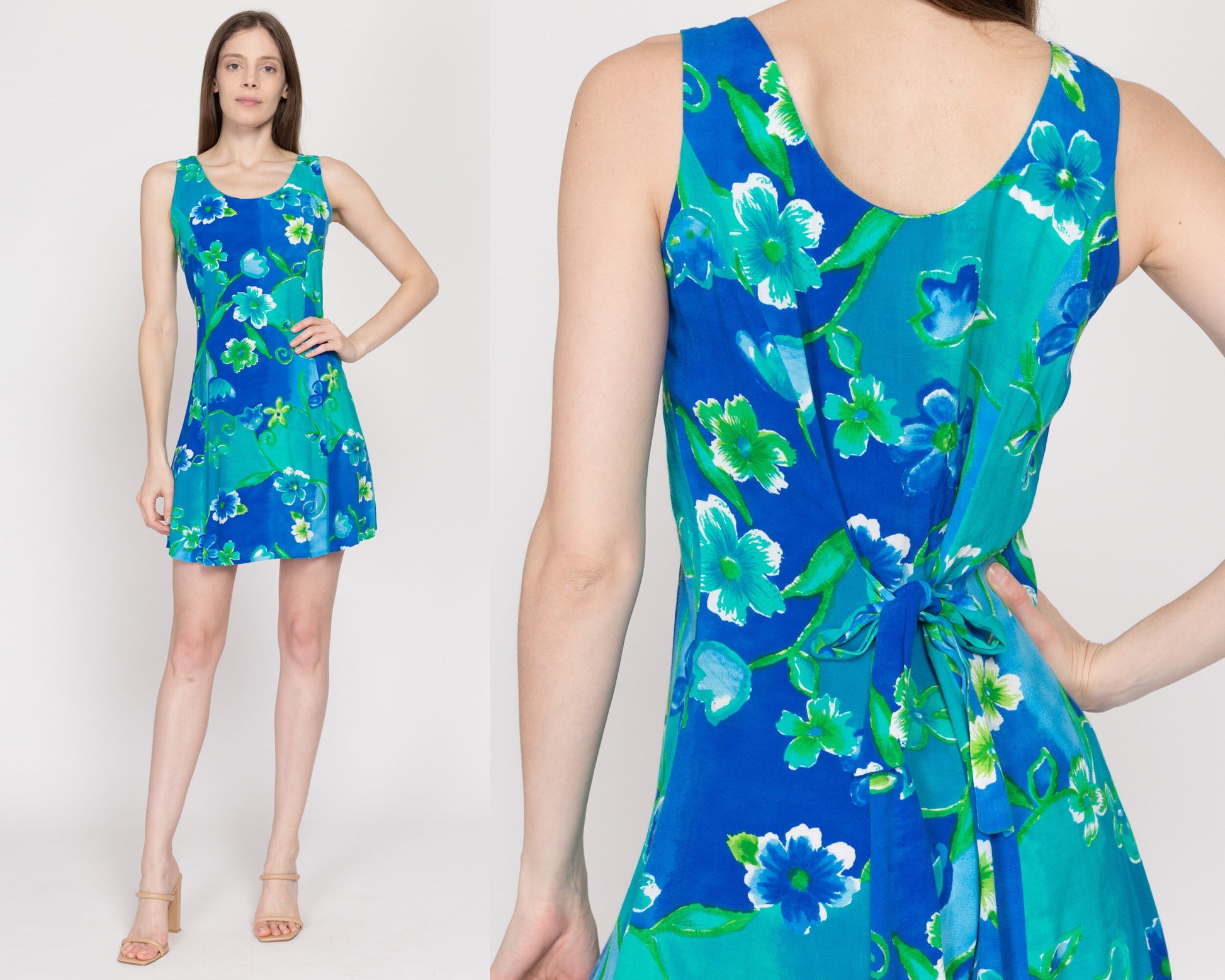 XS 90s Blue & Green Tropical Floral Mini Sundress | Vintage Big Hed Boho Tie Back Sleeveless Summer Tank Dress