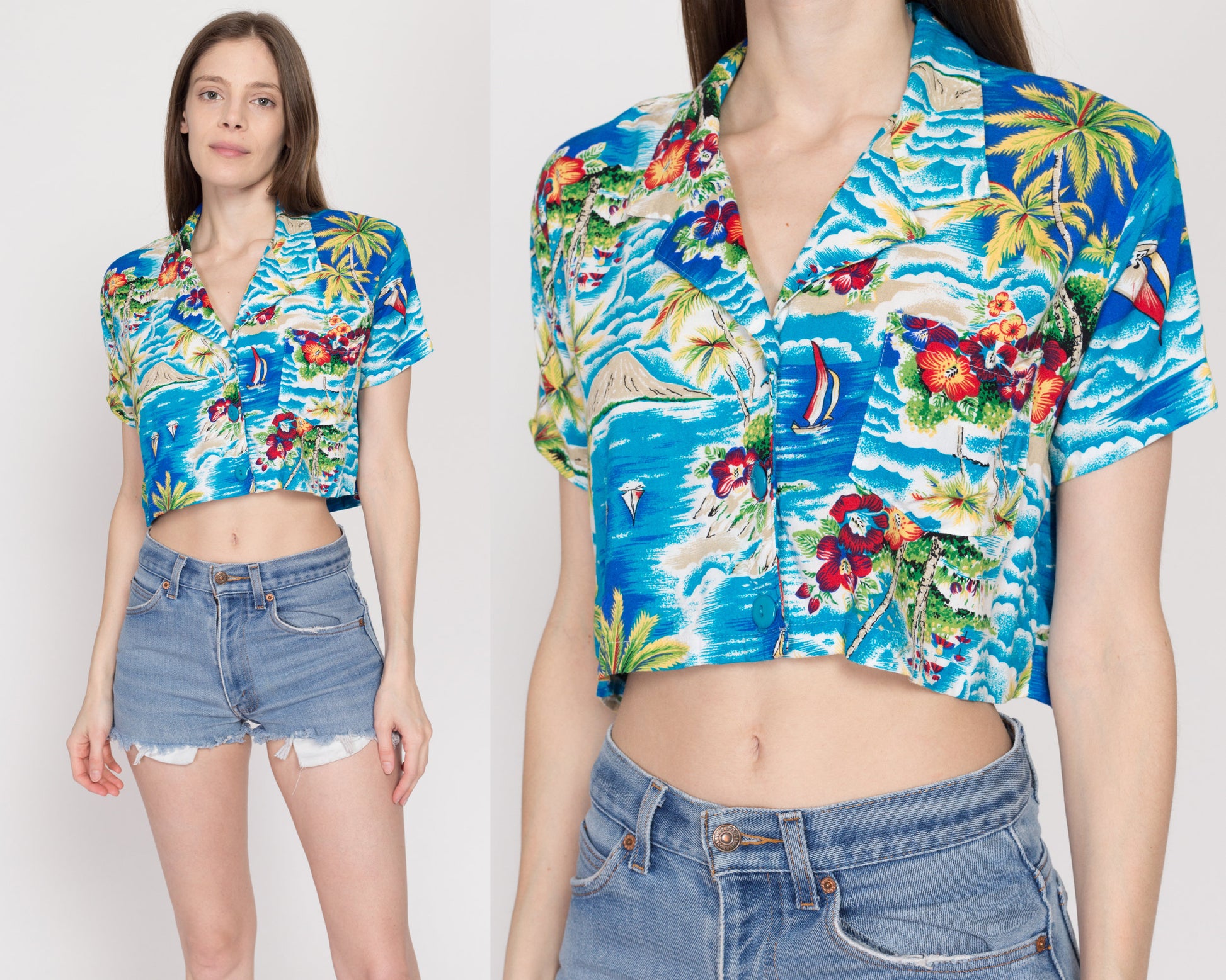 Medium 80s Hawaiian Aloha Print Crop Top | Vintage Boho Blue Tropical Palm Tree Floral Cropped Rayon Blouse