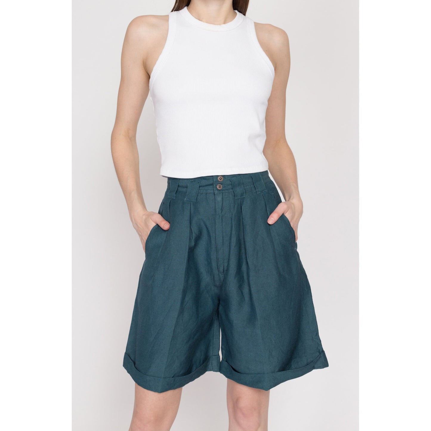 XS 80s Dark Teal Pleated Wide Leg Shorts 25" | Vintage High Waisted Cuffed Culotte Shorts