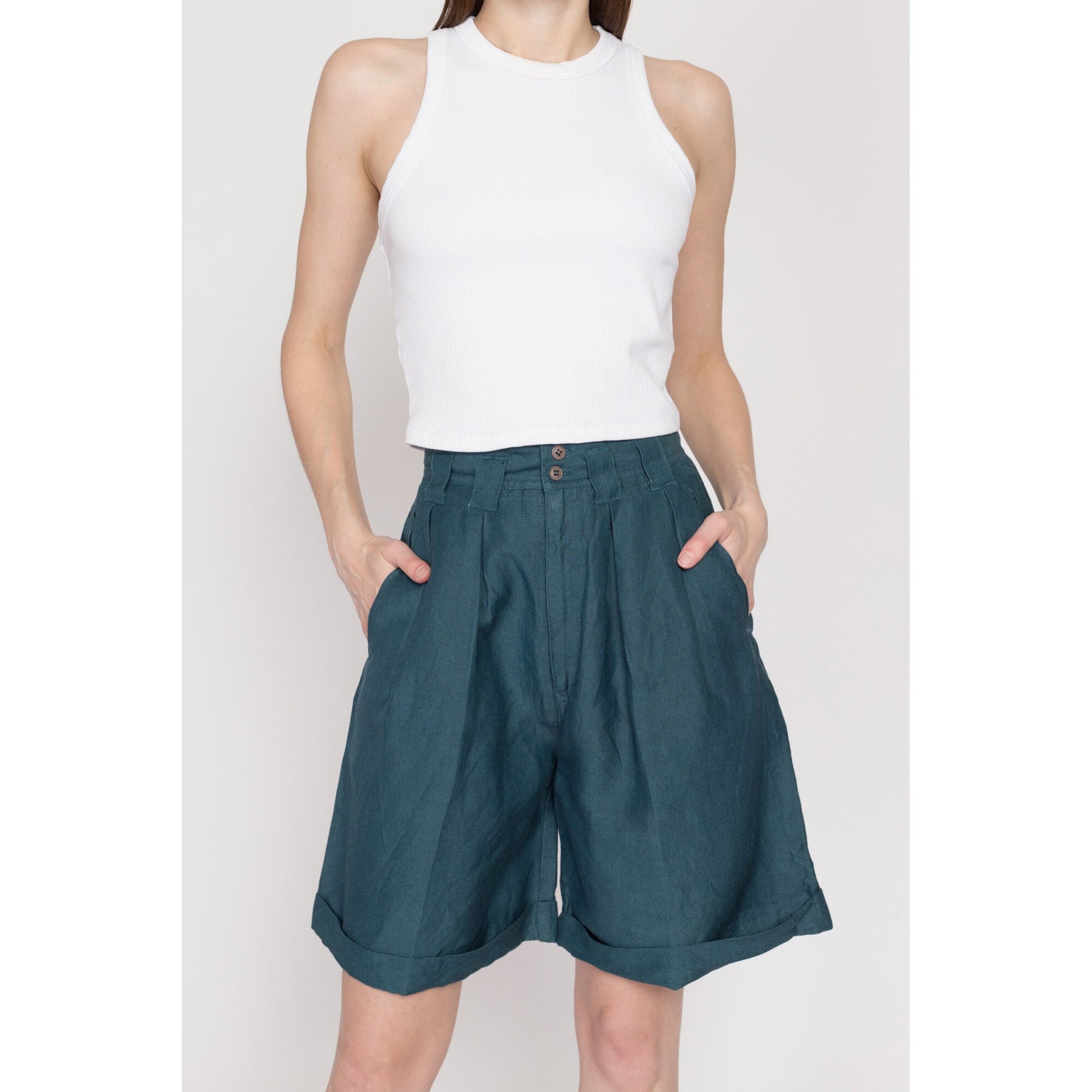 XS 80s Dark Teal Pleated Wide Leg Shorts 25" | Vintage High Waisted Cuffed Culotte Shorts