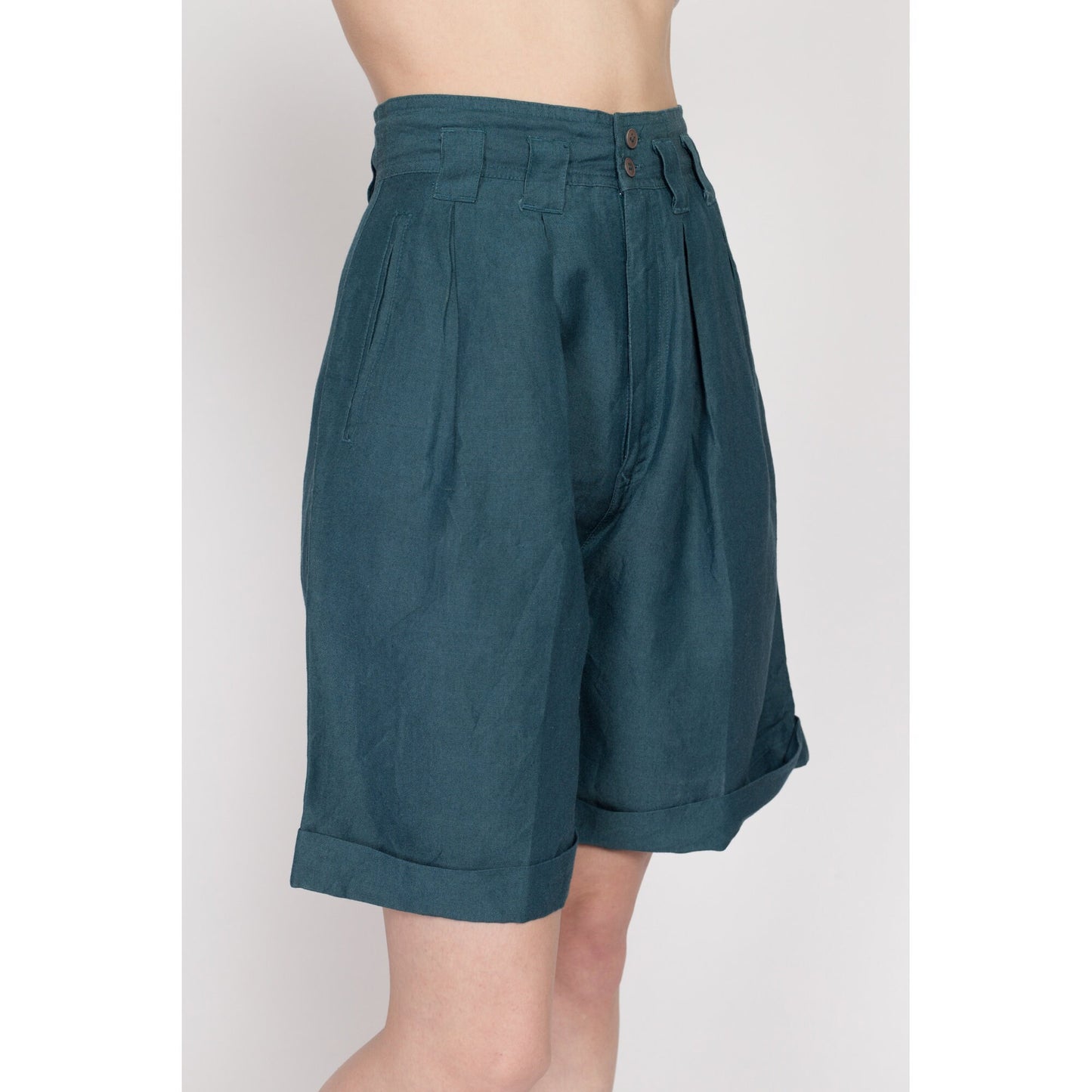 XS 80s Dark Teal Pleated Wide Leg Shorts 25" | Vintage High Waisted Cuffed Culotte Shorts