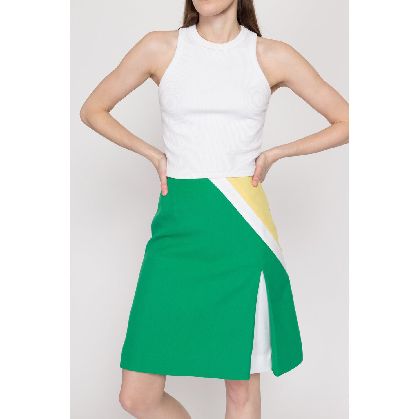 Small 70s Green Color Block Tennis Skirt 25.5" | Retro Sportswear High Waisted A Line Athletic Mini Skort