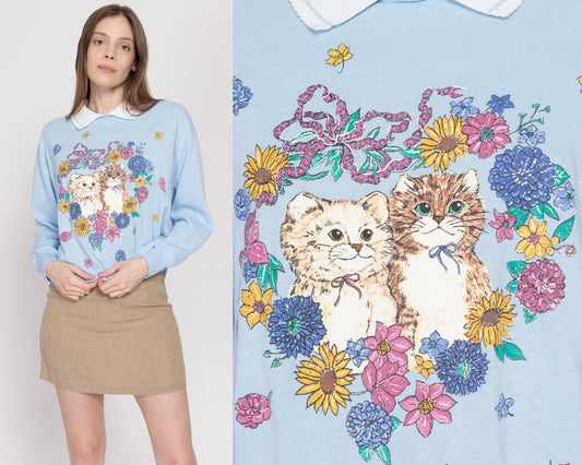 Large 90s Cats & Flowers Blue Collared Sweatshirt | Vintage Cute Animal Graphic Grandma Pullover