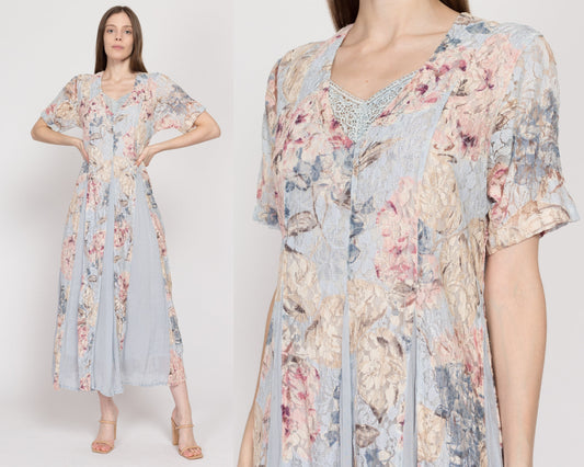 Large 90s Boho Blue Floral Lace Maxi Dress | Vintage Starina Short Sleeve Summer Sundress