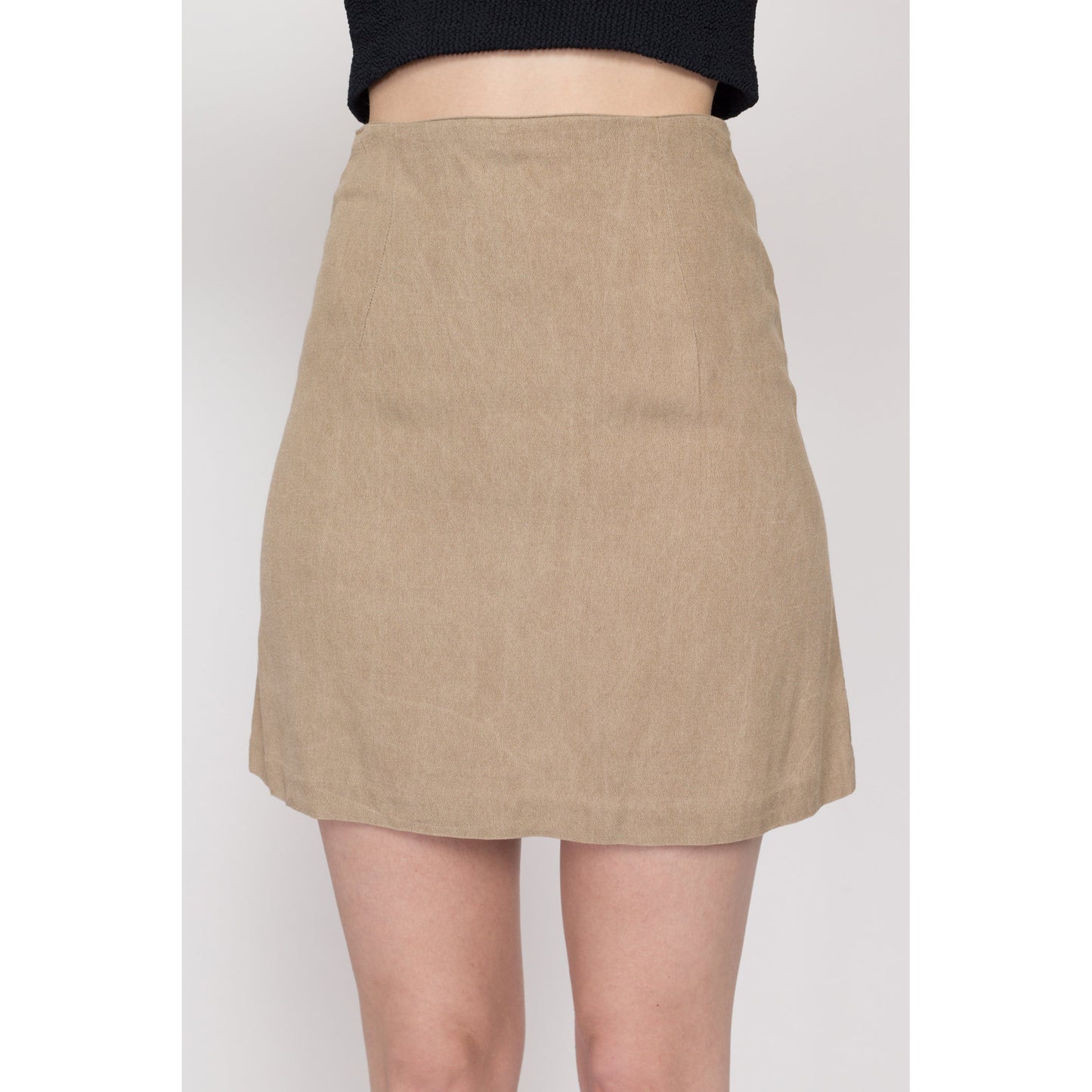 Small 90s Minimalist Tan Mini Skirt 26" | Vintage Plain High Waisted A Line Skirt