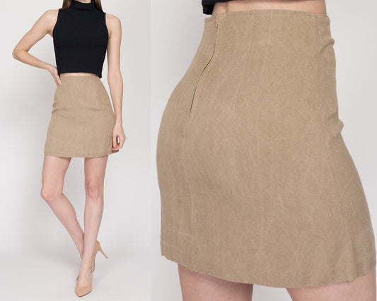 Small 90s Minimalist Tan Mini Skirt 26" | Vintage Plain High Waisted A Line Skirt
