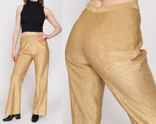 Medium 80s Shiny Gold Metallic Pants 29" | Vintage High Waisted Bootcut Disco Trousers