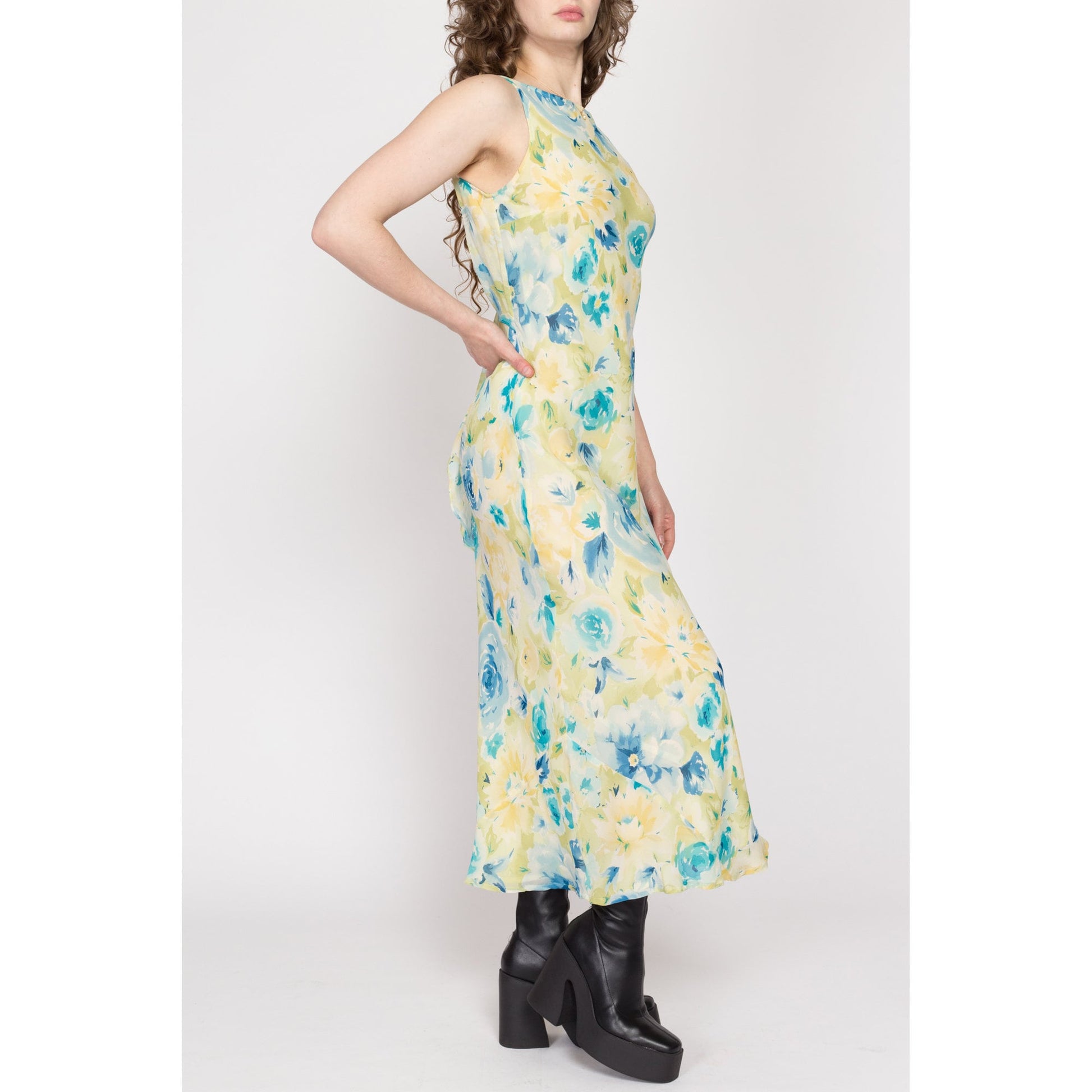 Sm-Med 90s Yellow & Blue Floral Silk Bias Maxi Dress | Vintage Ann Taylor Low Back Sleeveless Formal Sundress