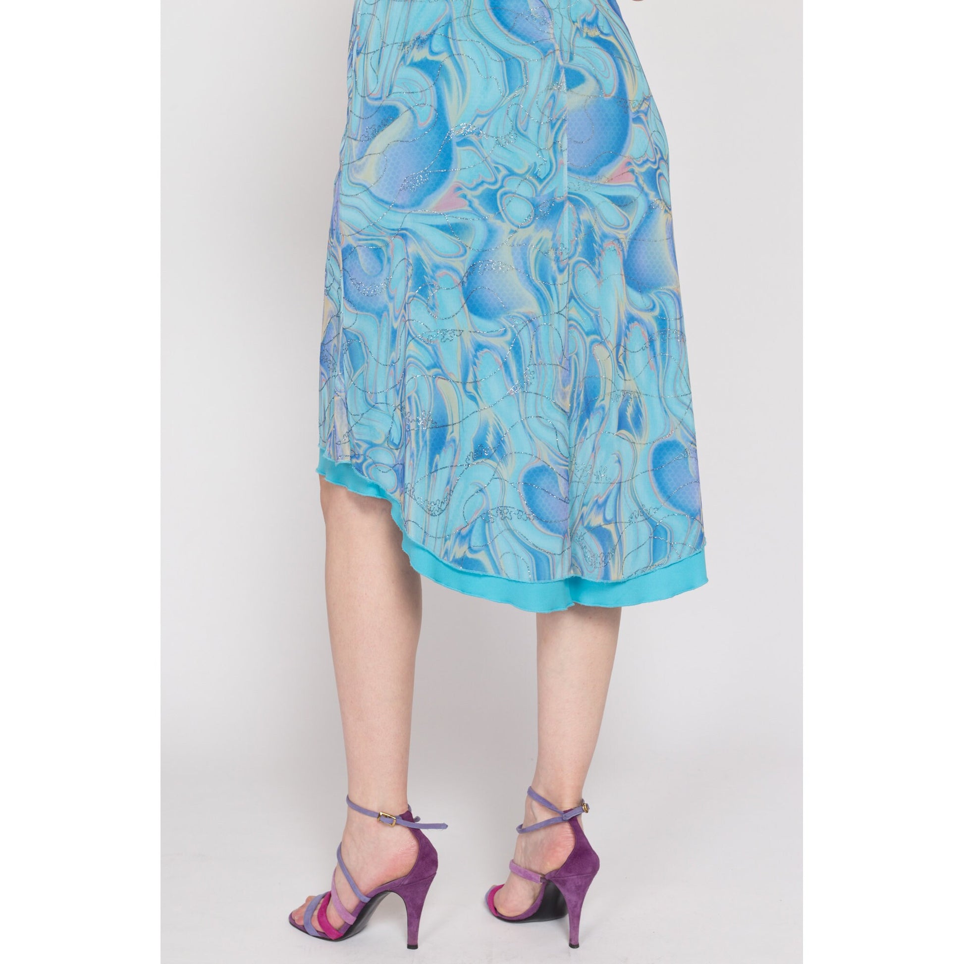 Sm-Med Y2K Blue Metallic Swirl High-Low Party Dress Flying Apple Vintage Sm-Med Y2K Blue Metallic Swirl High-Low Party Dress Flying Apple Vintage