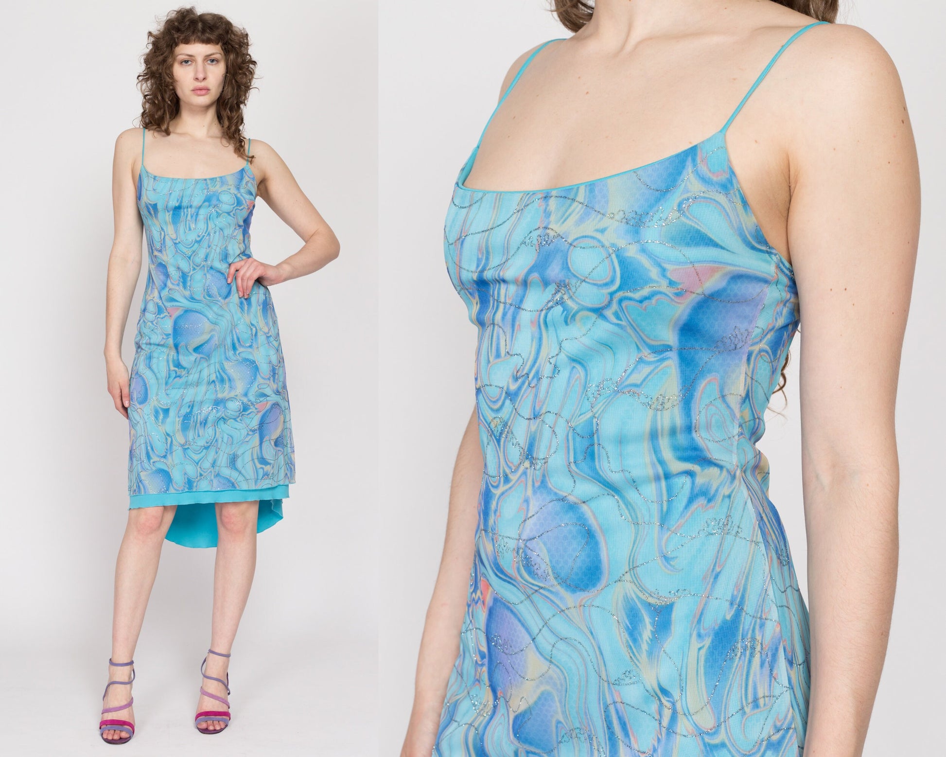 blue y2k dress Medium to Large Y2K Vintage Blue and Silver Glitter Gown by Jump