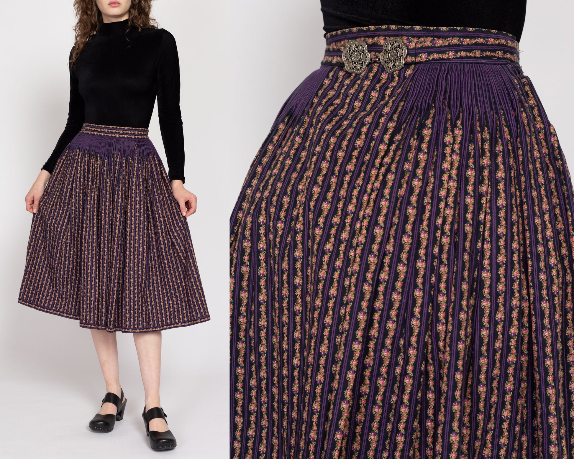 Small 80s Floral Striped Belted Midi Folk Skirt – Flying Apple Vintage