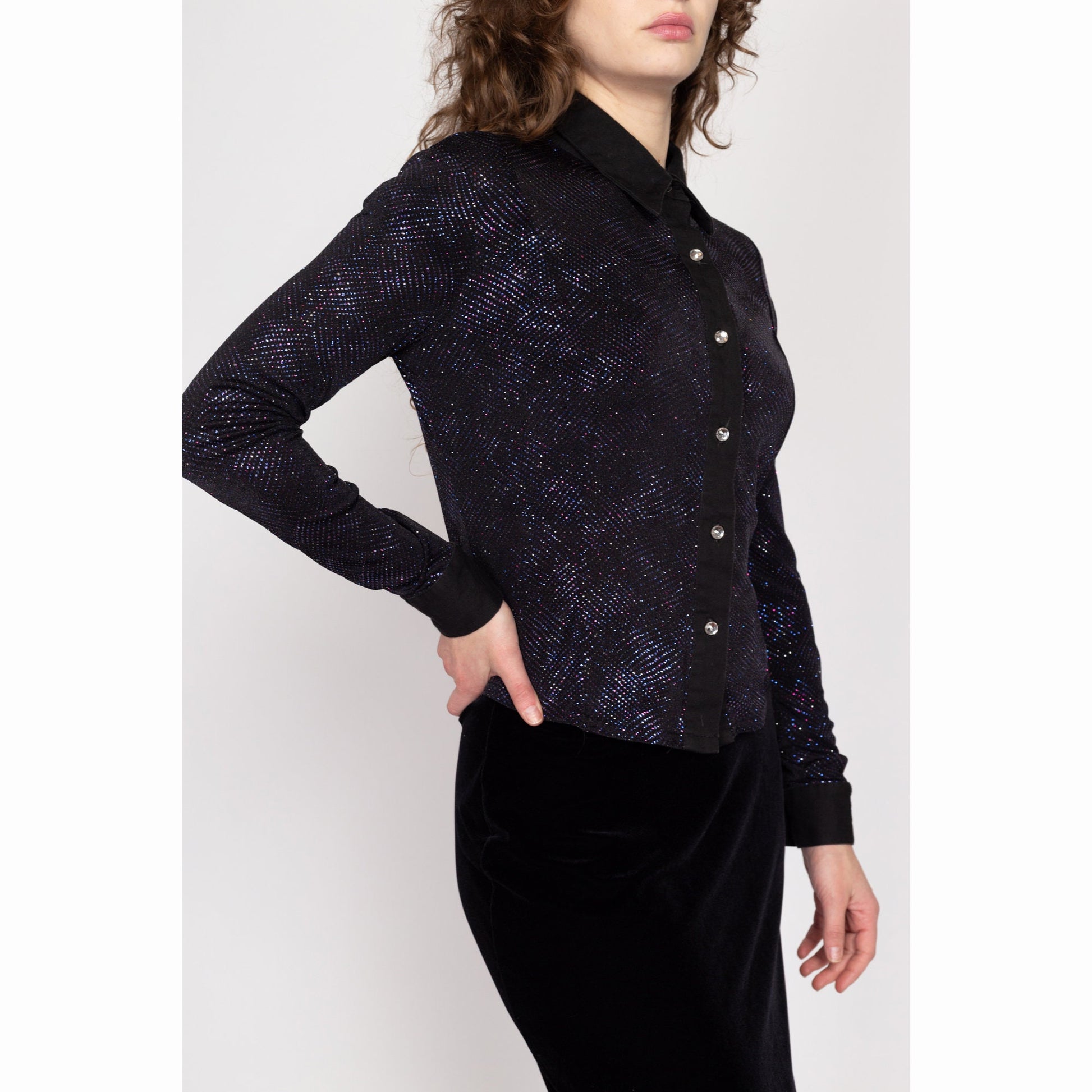 Med-Lrg 80s Banjo Texas Black & Purple Sparkle Western Blouse | Vintage Button Up Long Sleeve Retro Collared Shirt