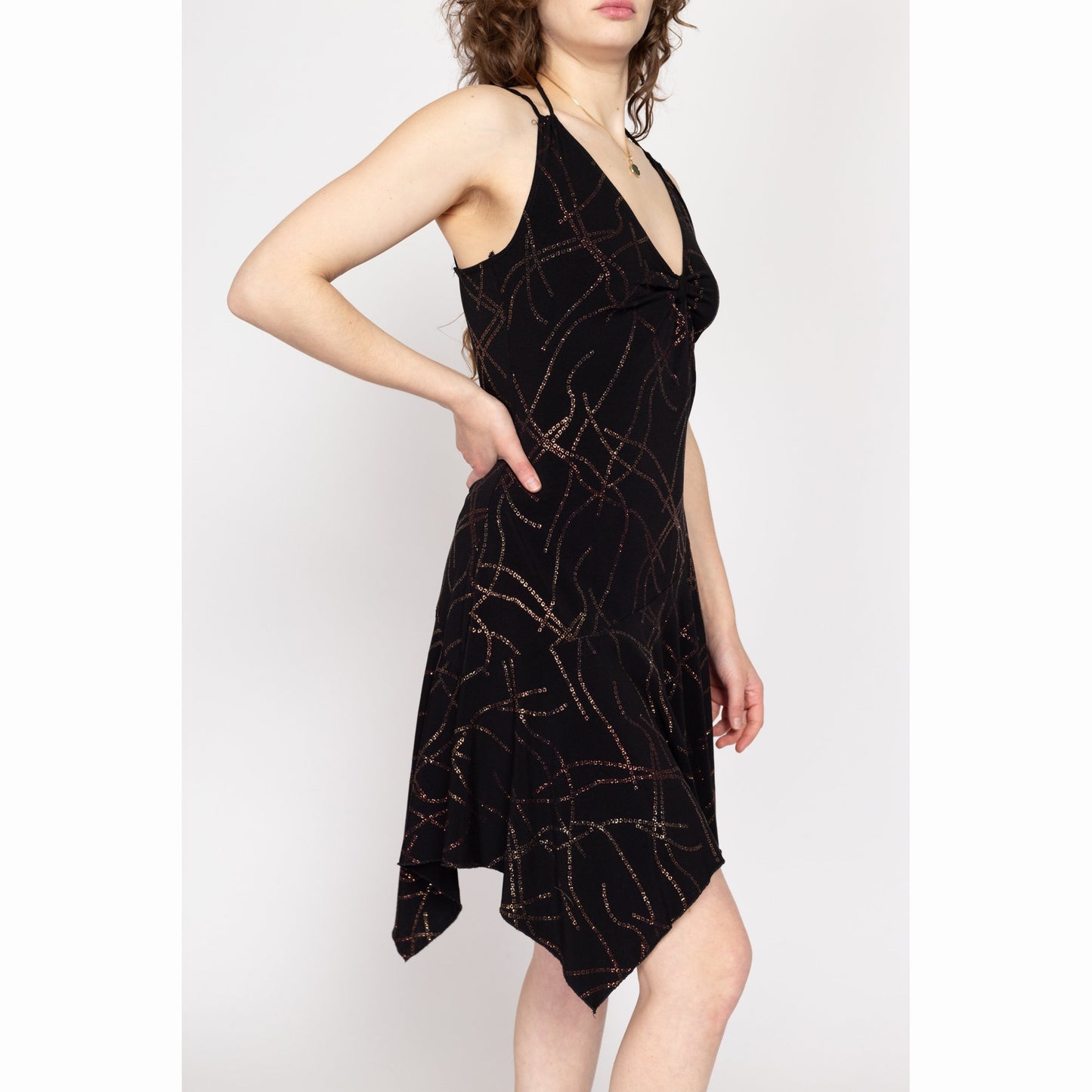 Medium 90s Y2K Black & Copper Metallic Scarf Hem Party Dress | Vintage Sparkle Spaghetti Strap Halter Mini Dress