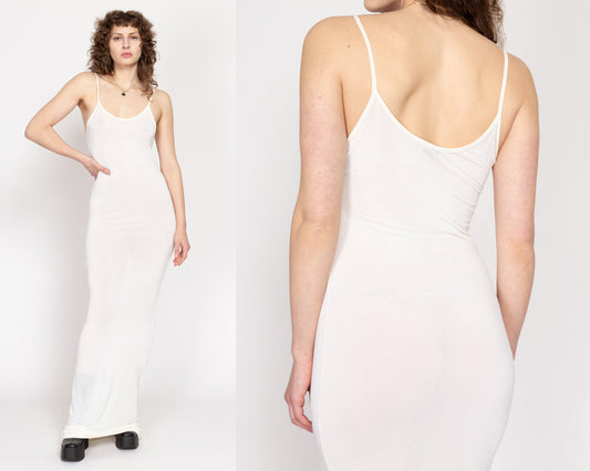 Sm-Med 90s Slinky White Floor Length Bodycon Dress | Vintage Sheer Spaghetti Strap Fitted Maxi Dress