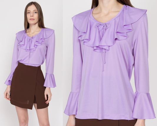 Large 70s Lilac Purple Ruffle Blouse | Vintage Boho Long Sleeve Western Top