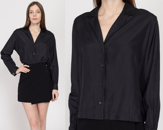Large 60s Black Silk Cufflink Blouse | Vintage Notched Collar Button Up Long Sleeve Top