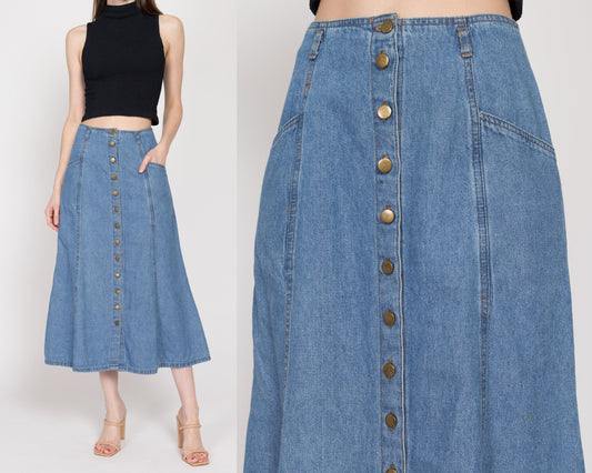 Small 90s Denim Button Front Midi Skirt 26" | Vintage High Waisted A Line Jean Pocket Skirt