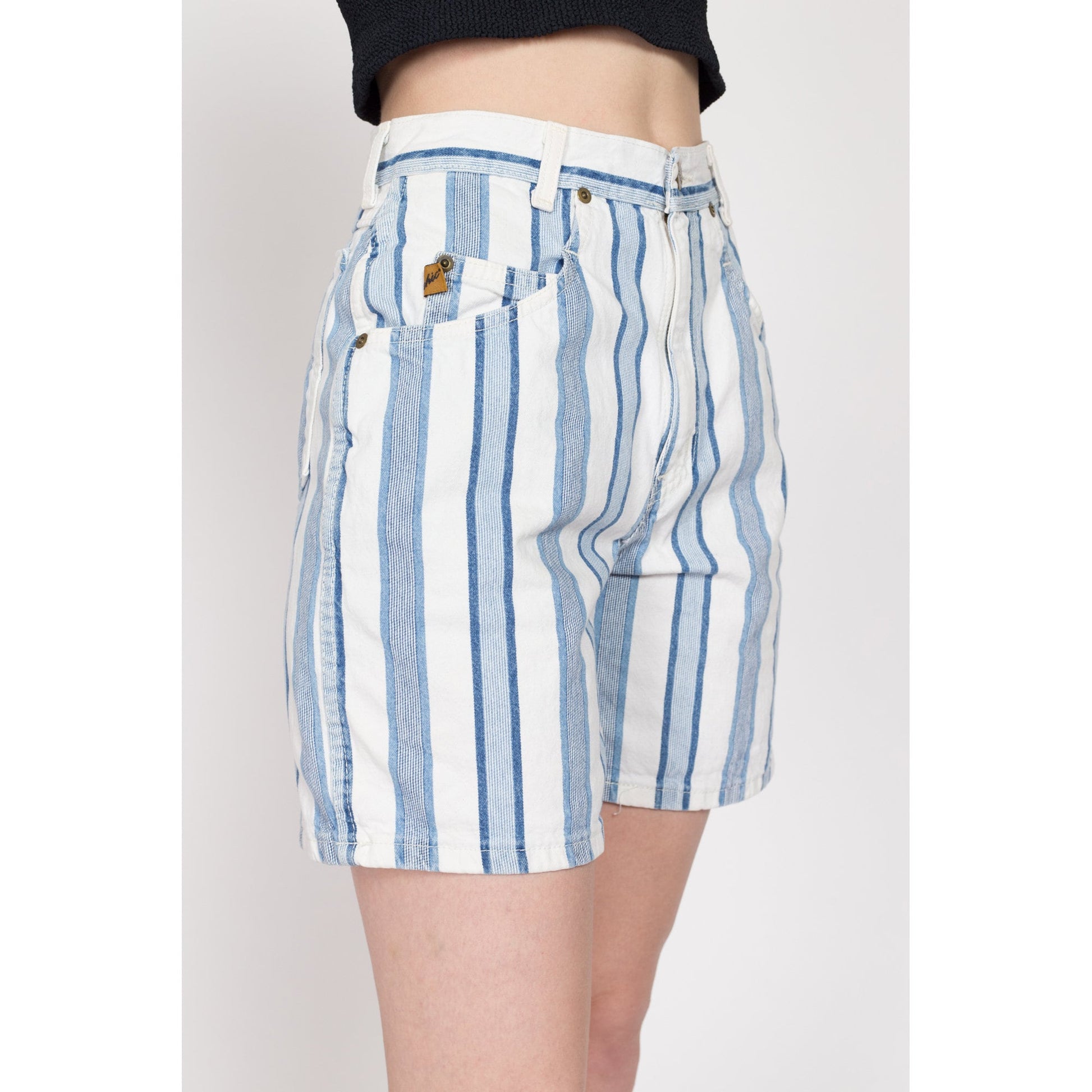 XS 80s Blue & White Striped Jean Shorts 25.5" | Vintage Chic High Waisted Denim Shorts