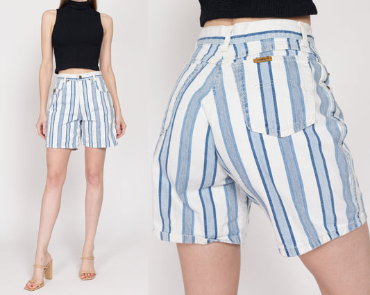 XS 80s Blue & White Striped Jean Shorts 25.5" | Vintage Chic High Waisted Denim Shorts