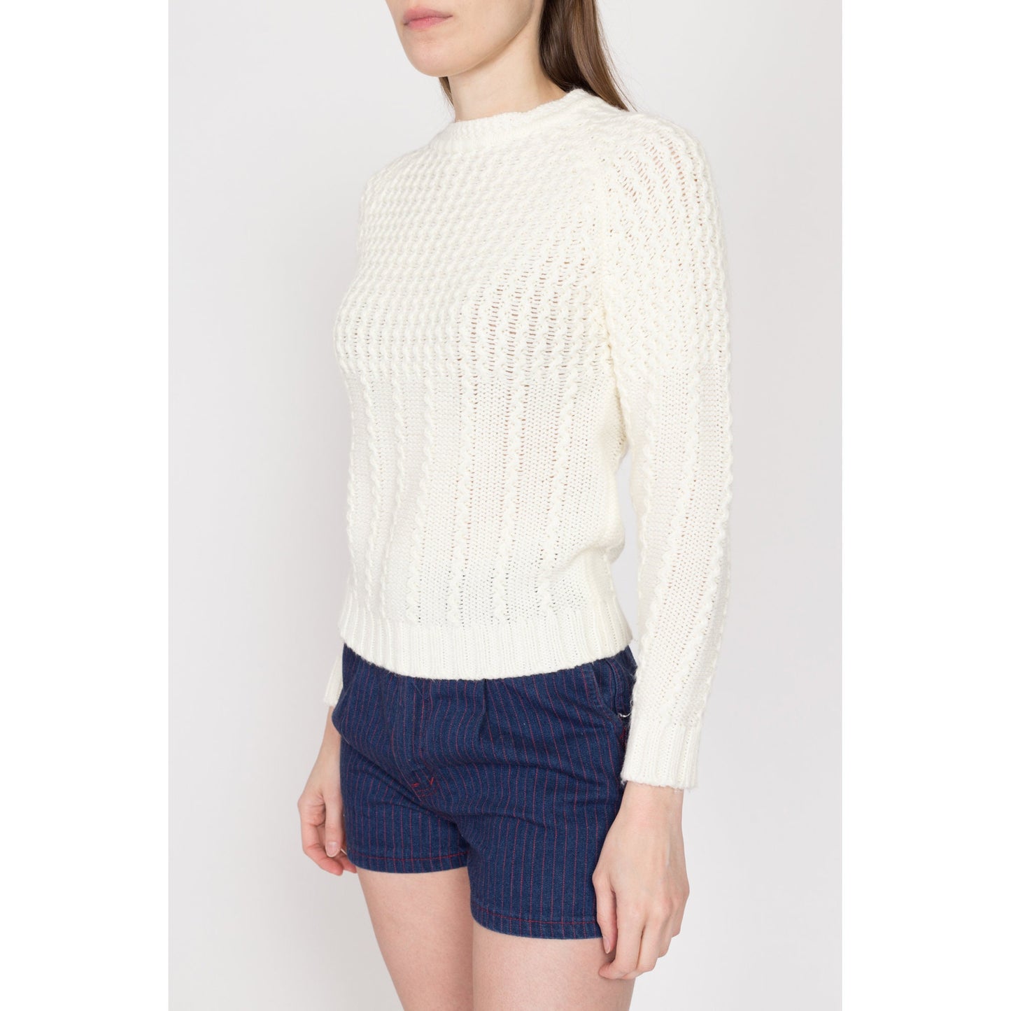 Small 80s White Cable Knit Sweater | Vintage Plain Pullover Jumper