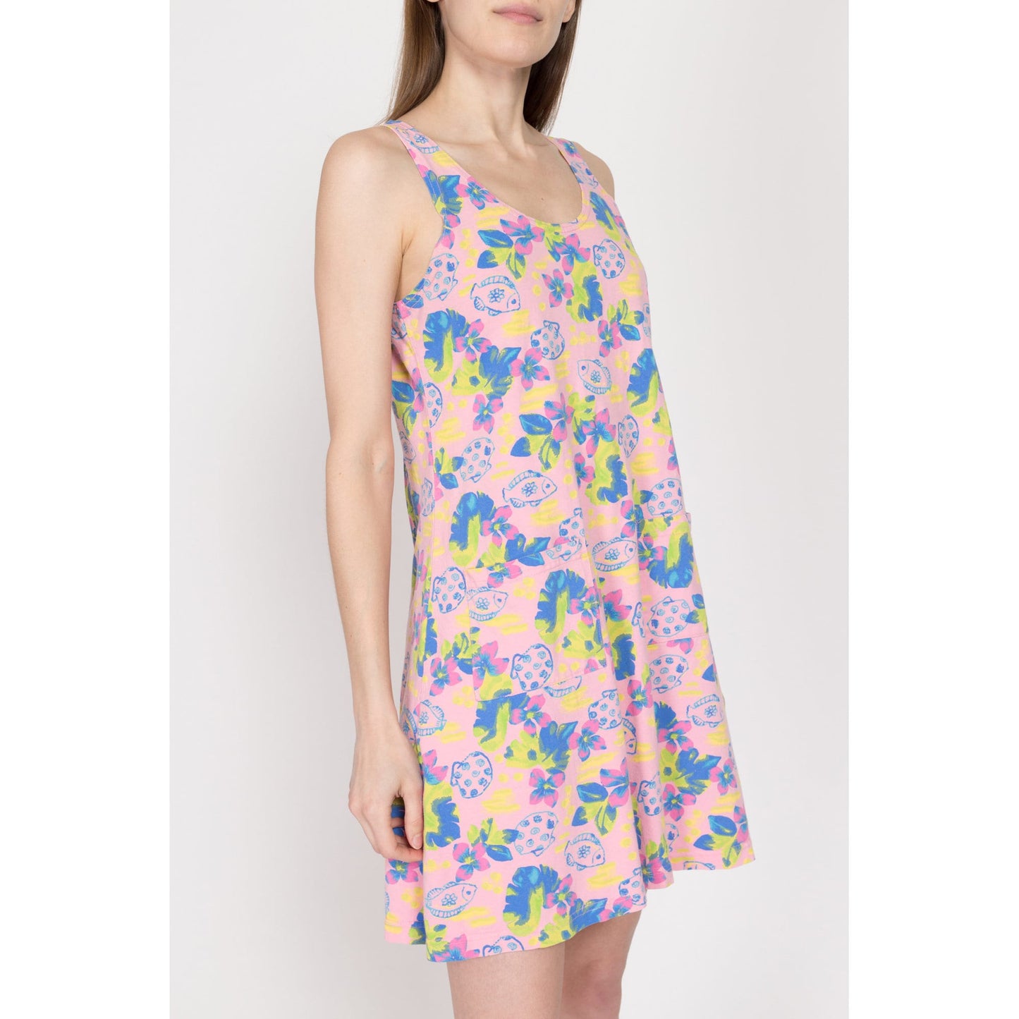 Medium 90s Pink Tropical Fish Print Mini Sundress | Vintage Sleeveless Floral Summer Tank Dress