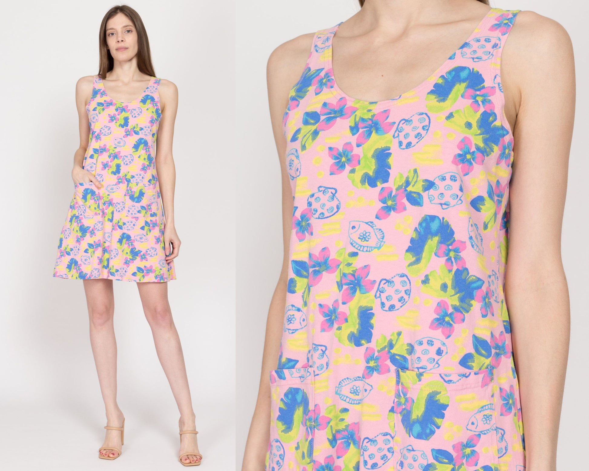 Medium 90s Pink Tropical Fish Print Mini Sundress | Vintage Sleeveless Floral Summer Tank Dress