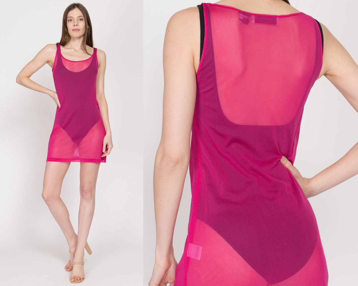XS 90s Hot Pink Sheer Mesh Mini Tank Dress | Vintage Sleeveless Beach Cover Up Festival Rave Clubwear