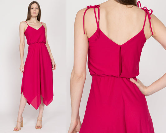 XS 70s Raspberry Pink Scarf Hem Party Dress | Vintage Boho Blouson Handkerchief Midi Disco Dress