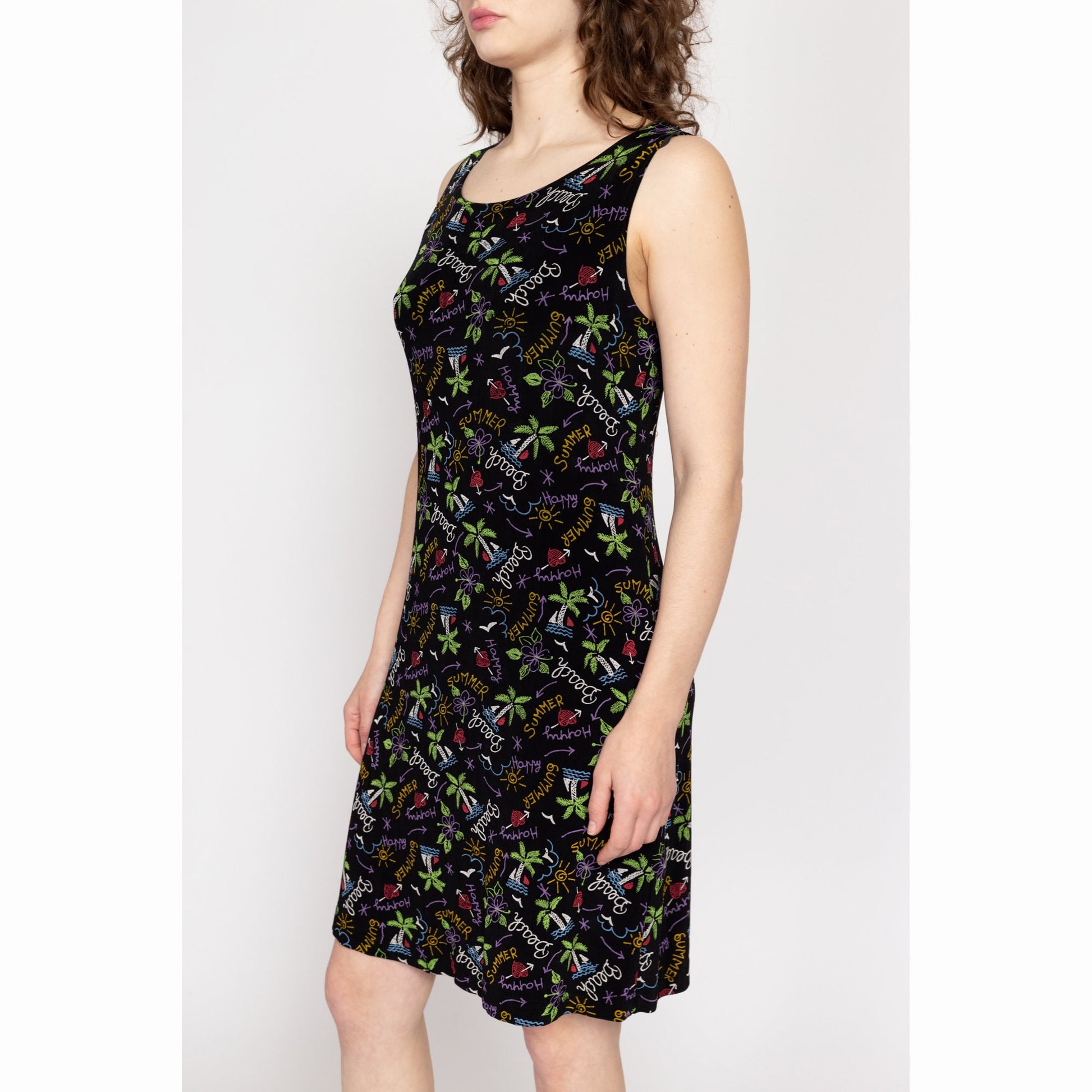 Medium 90s Beach Vacation Print Mini Tank Dress | Vintage Black Sleeveless Stretchy Summer Sundress