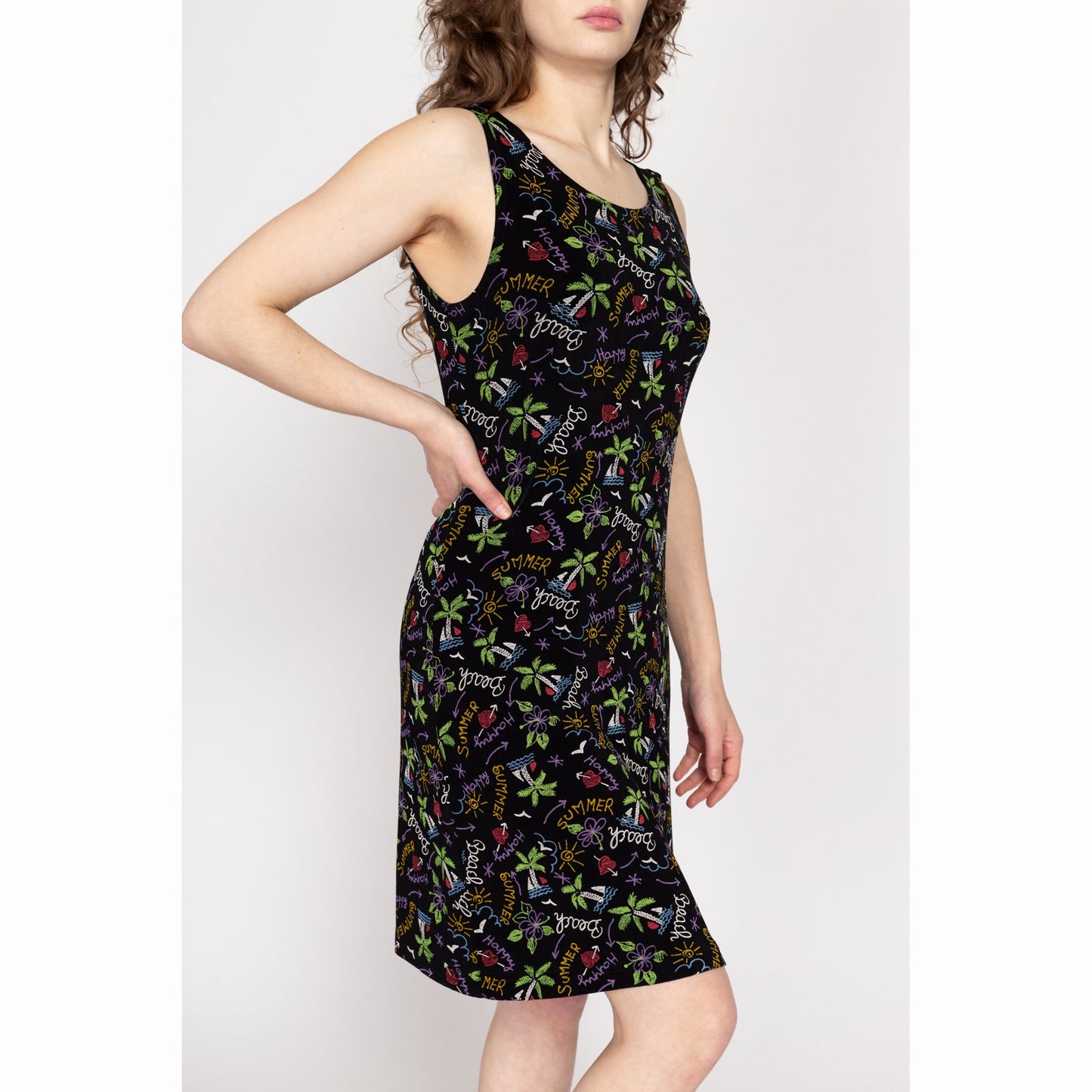 Medium 90s Beach Vacation Print Mini Tank Dress | Vintage Black Sleeveless Stretchy Summer Sundress