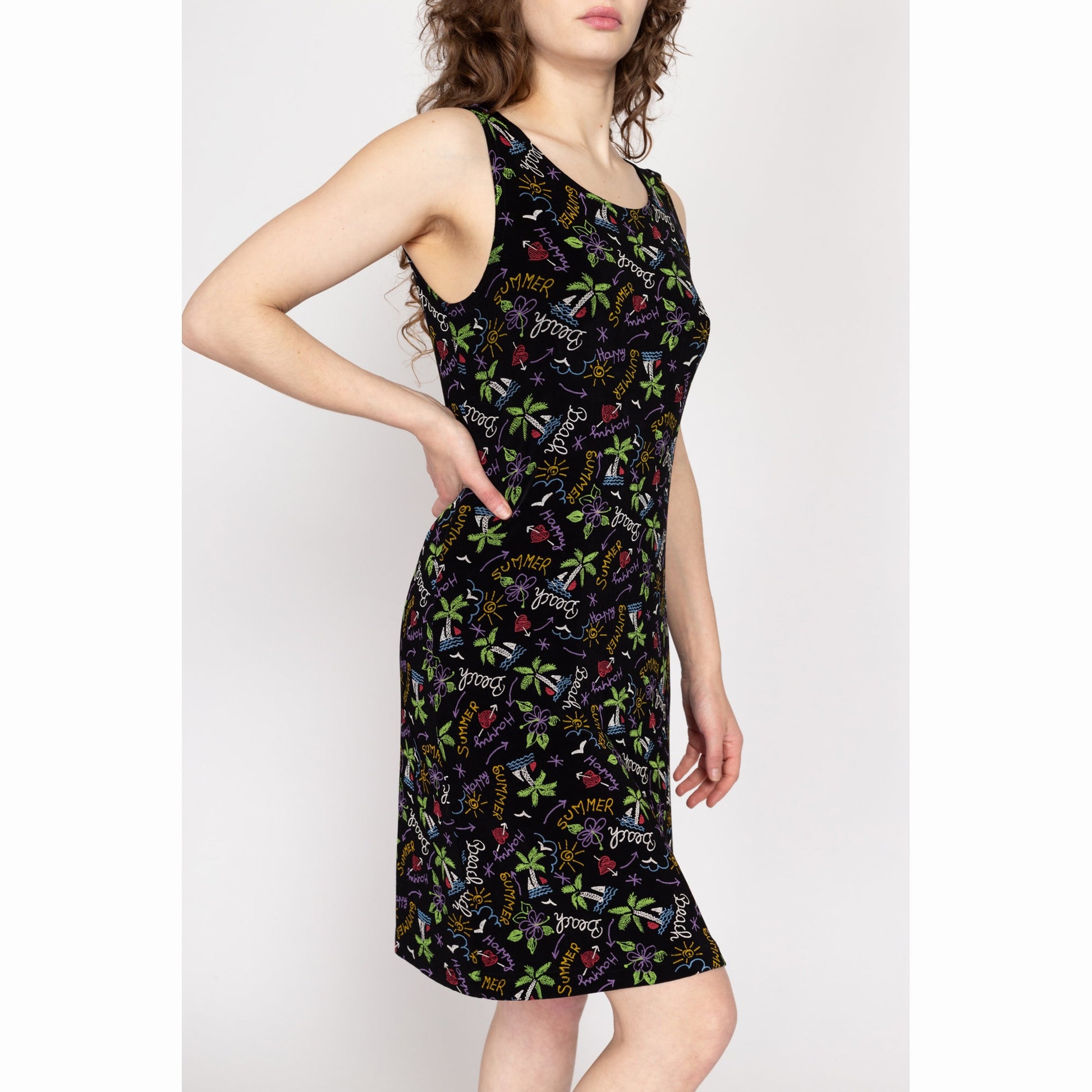 Medium 90s Beach Vacation Print Mini Tank Dress | Vintage Black Sleeveless Stretchy Summer Sundress