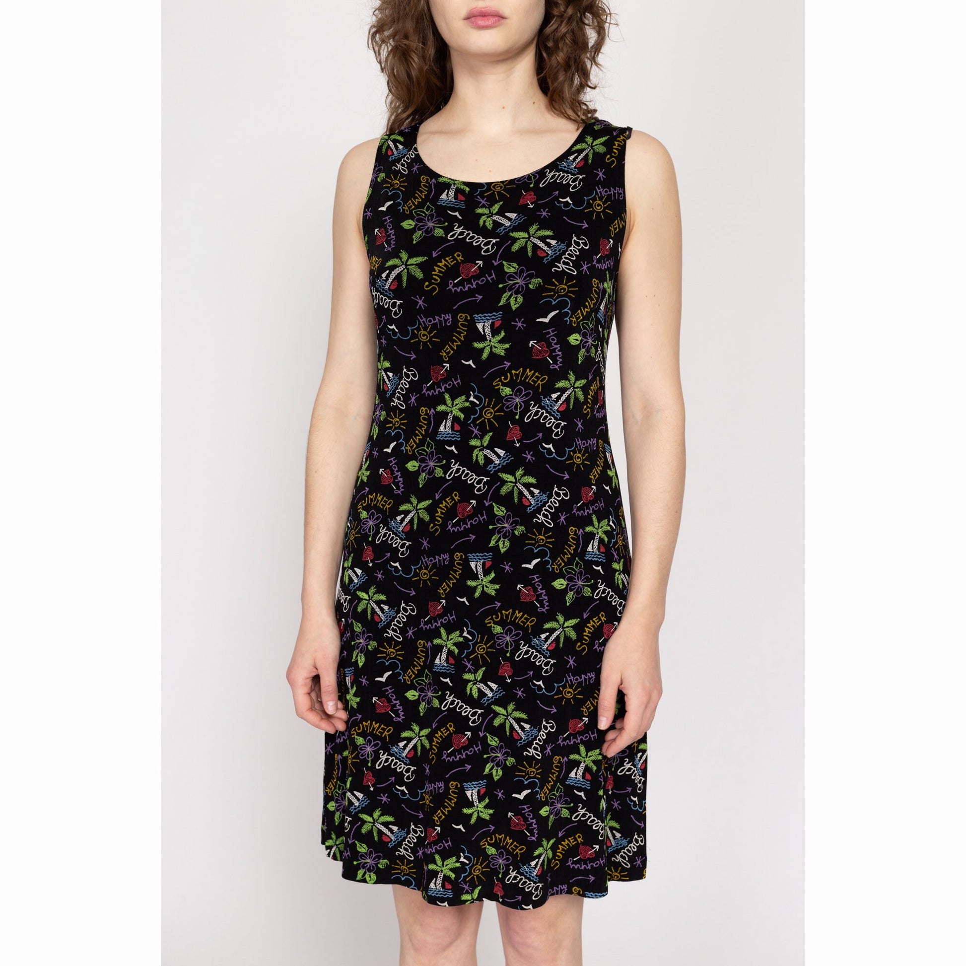 Medium 90s Beach Vacation Print Mini Tank Dress | Vintage Black Sleeveless Stretchy Summer Sundress