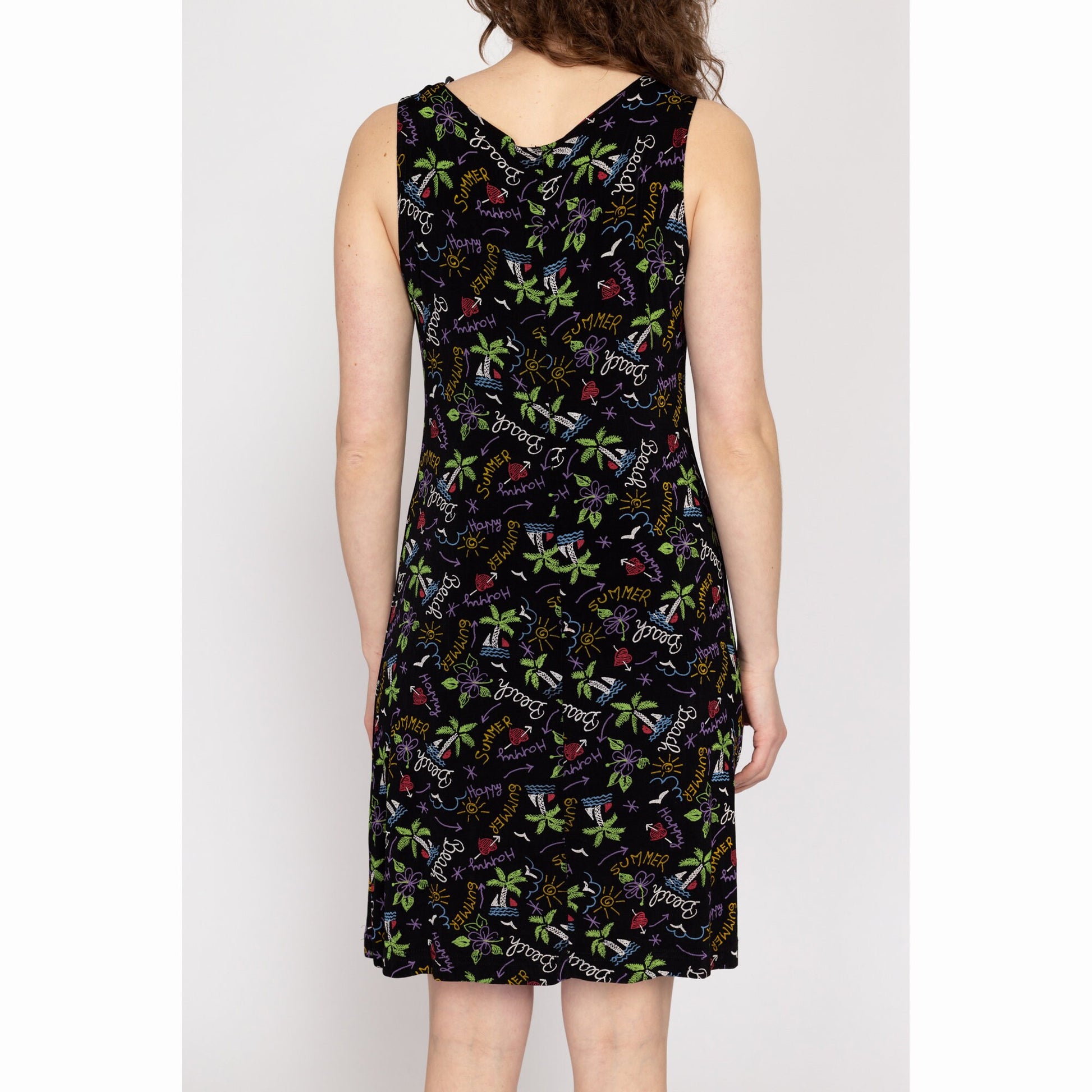 Medium 90s Beach Vacation Print Mini Tank Dress | Vintage Black Sleeveless Stretchy Summer Sundress