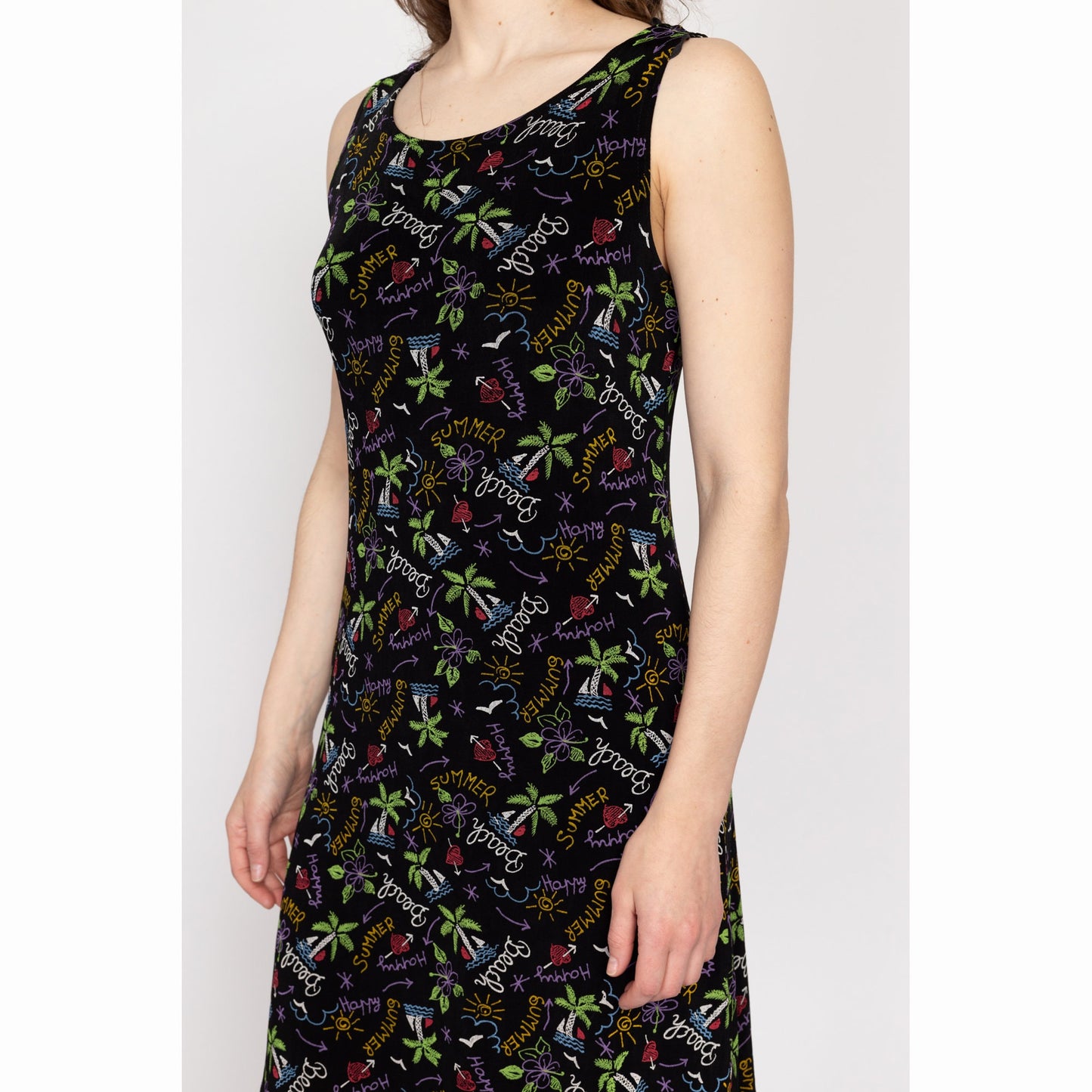 Medium 90s Beach Vacation Print Mini Tank Dress | Vintage Black Sleeveless Stretchy Summer Sundress