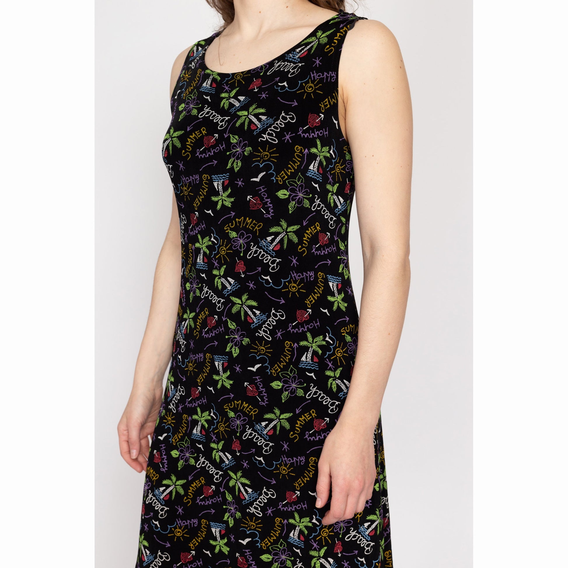 Medium 90s Beach Vacation Print Mini Tank Dress | Vintage Black Sleeveless Stretchy Summer Sundress