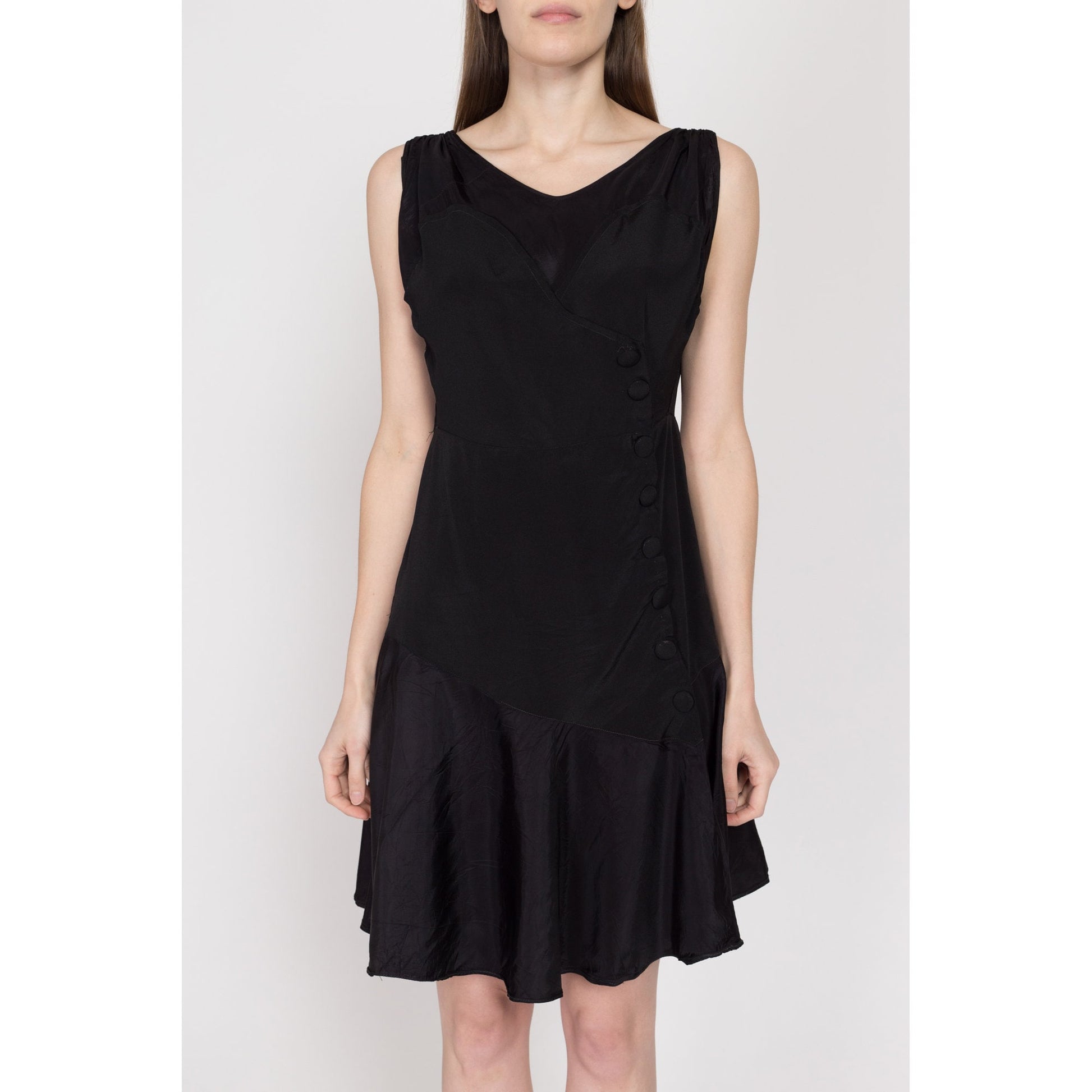 1920s Black Crepe Button Front Mini Dress - Small to Medium 1920s Black Crepe Button Front Mini Dress - Small to Medium