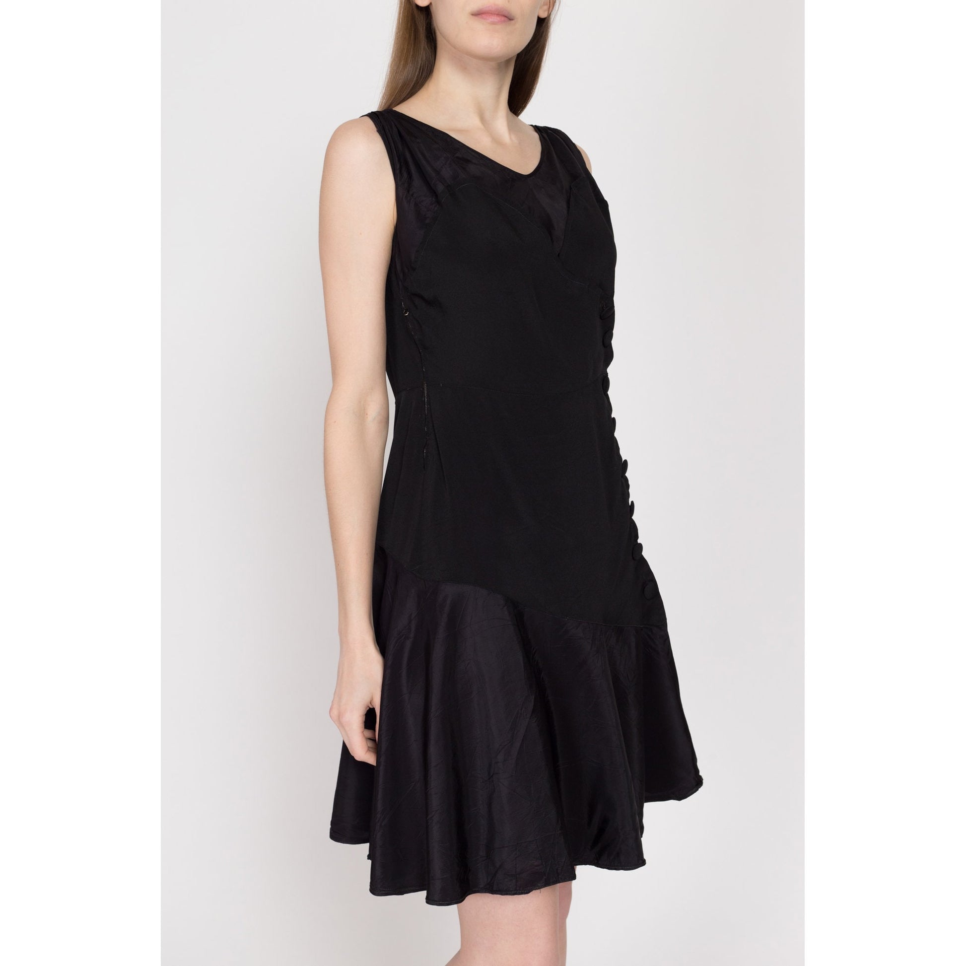 1920s Black Crepe Button Front Mini Dress - Small to Medium Flying Apple Vintage 1920s Black Crepe Button Front Mini Dress - Small to Medium Flying Apple Vintage