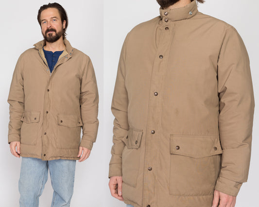 Large 70s Schott Khaki Down Fill Puffer Winter Coat | Vintage Men's Tan Zip Up Warm Puffy Ski Jacket