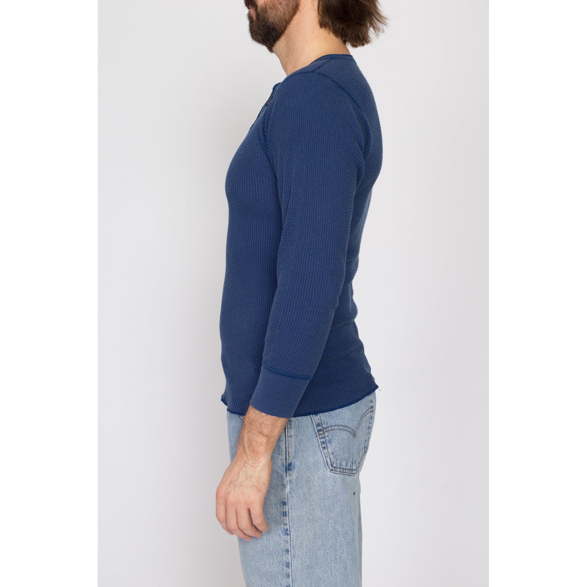 Medium 80s Navy Blue Waffle Knit Henley Shirt | Vintage Plain Long Sleeve Thermal Top