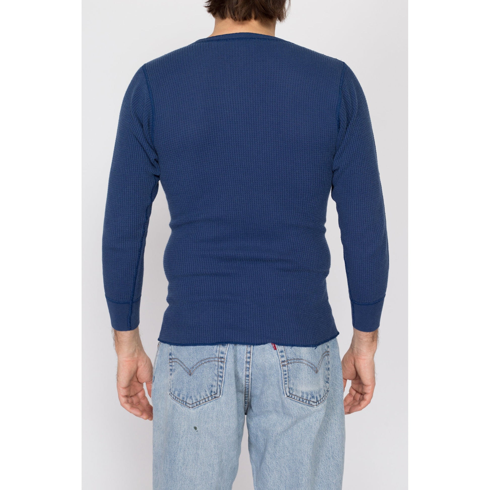 Medium 80s Navy Blue Waffle Knit Henley Shirt | Vintage Plain Long Sleeve Thermal Top