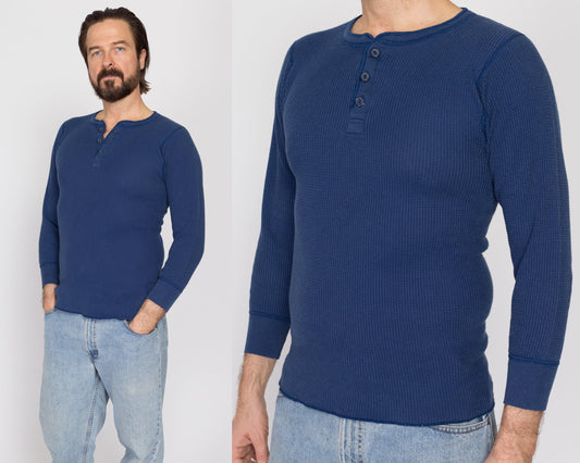 Medium 80s Navy Blue Waffle Knit Henley Shirt | Vintage Plain Long Sleeve Thermal Top