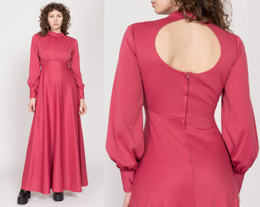 Small 70s Rose Pink Bishop Sleeve Gown | Vintage Keyhole Back Long Sleeve Retro Maxi Dress