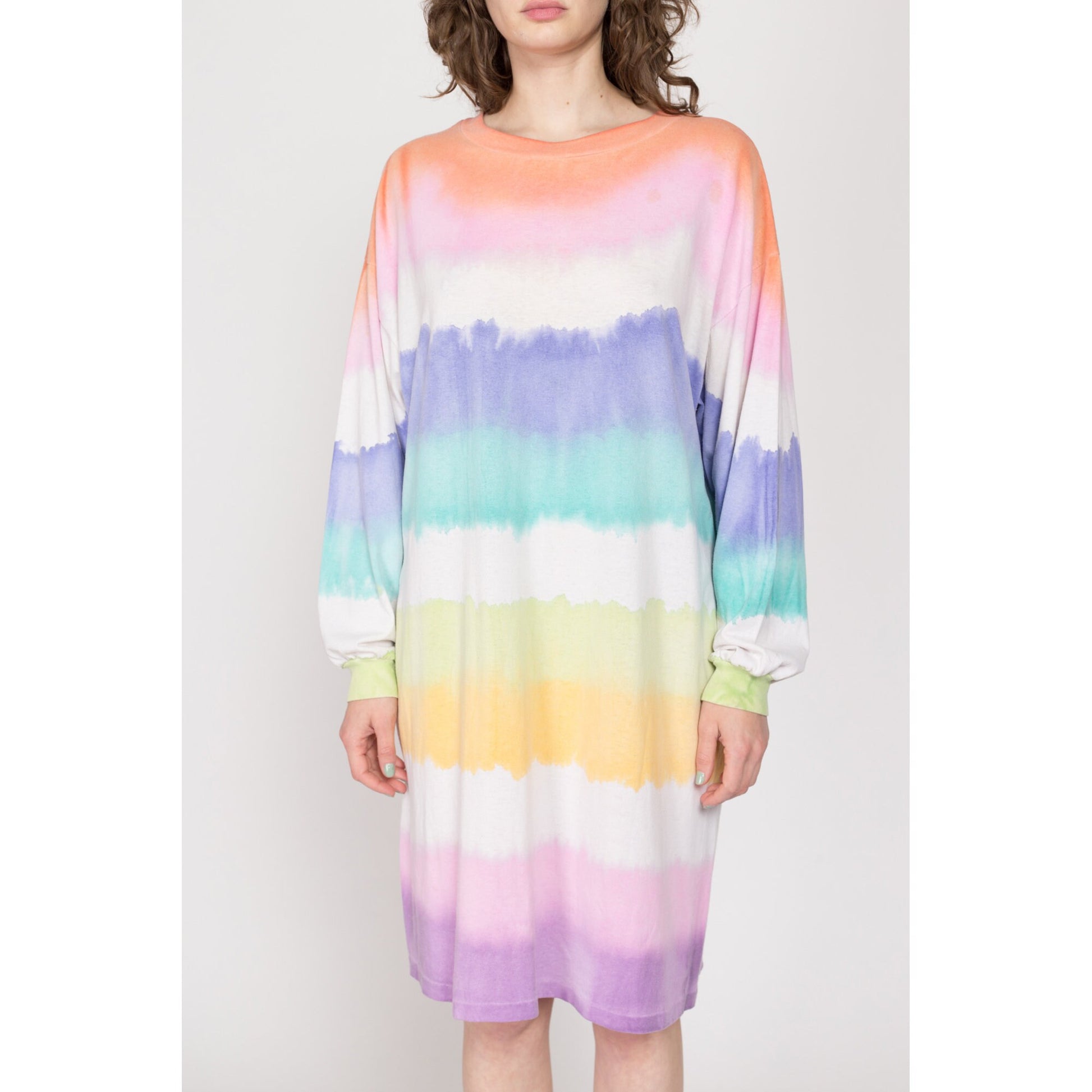 90s Pastel Tie Dye Striped T Shirt Dress - One Size Flying Apple Vintage 90s Pastel Tie Dye Striped T Shirt Dress - One Size Flying Apple Vintage