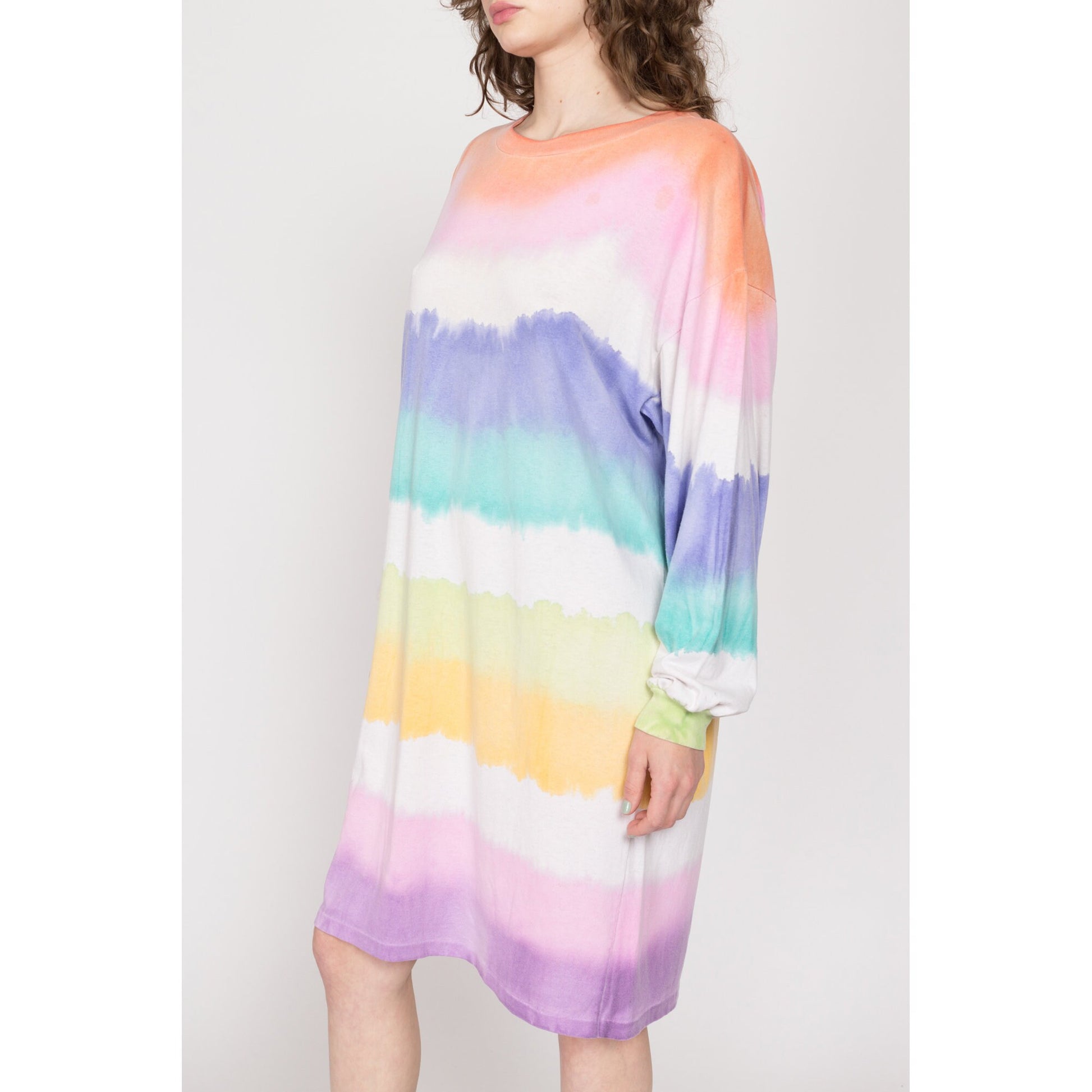 One Size 90s Pastel Tie Dye Striped T Shirt Dress | Vintage Long Sleeve Rainbow Sleep Shirt