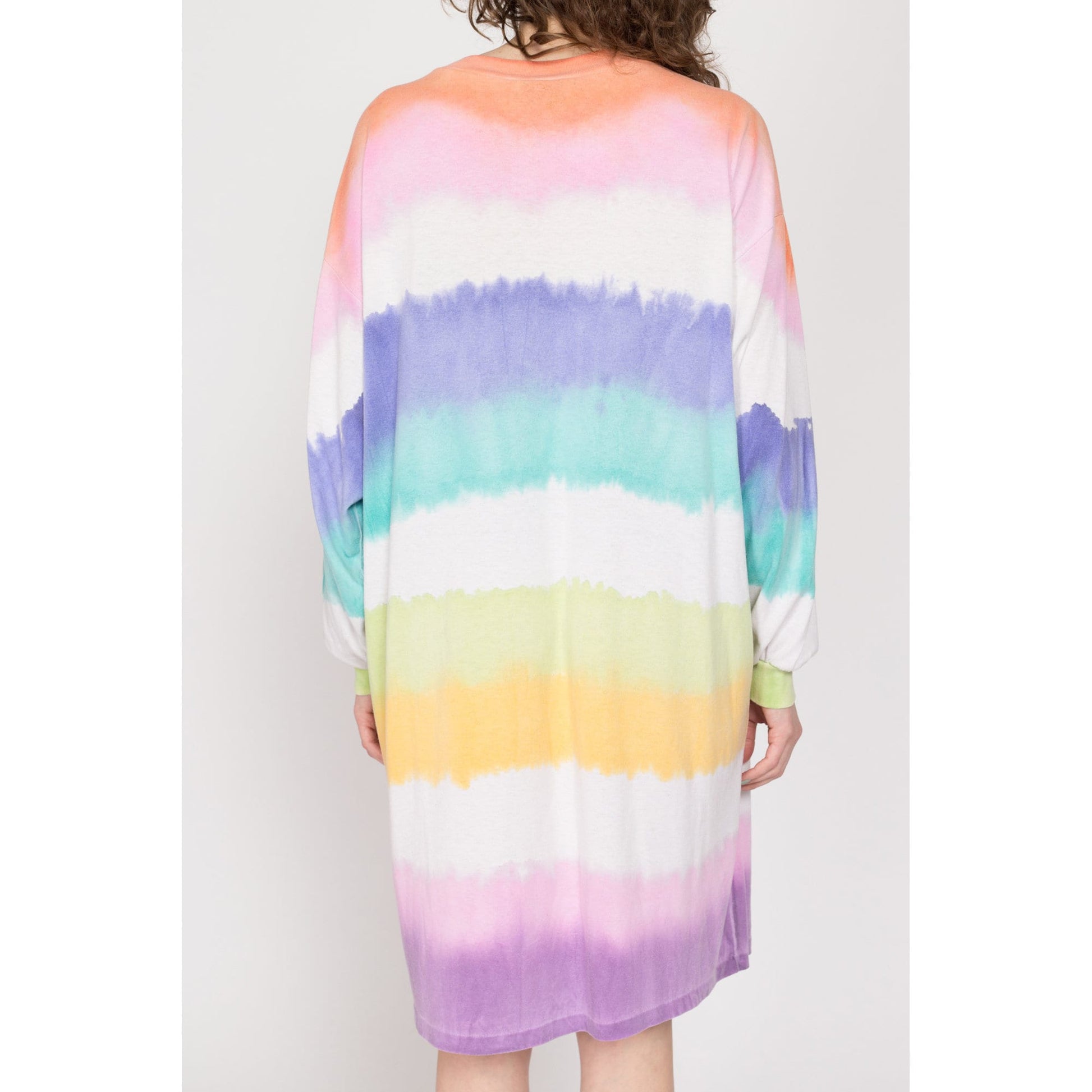 One Size 90s Pastel Tie Dye Striped T Shirt Dress | Vintage Long Sleeve Rainbow Sleep Shirt