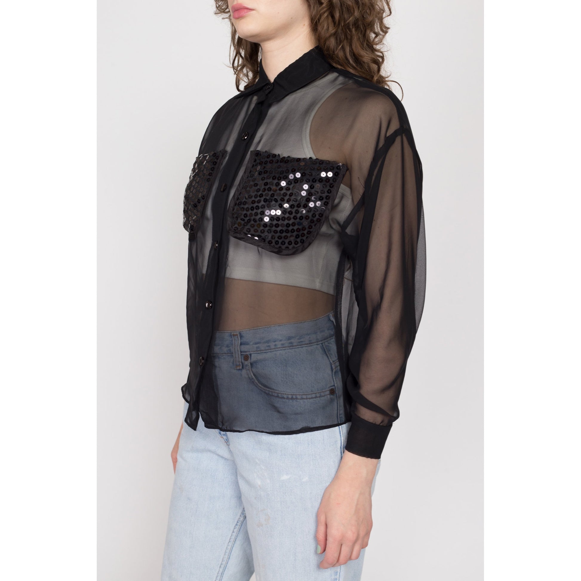 Small 90s Sheer Black Sequin Chest Pocket Blouse | Vintage Button Up Long Sleeve Collared Top
