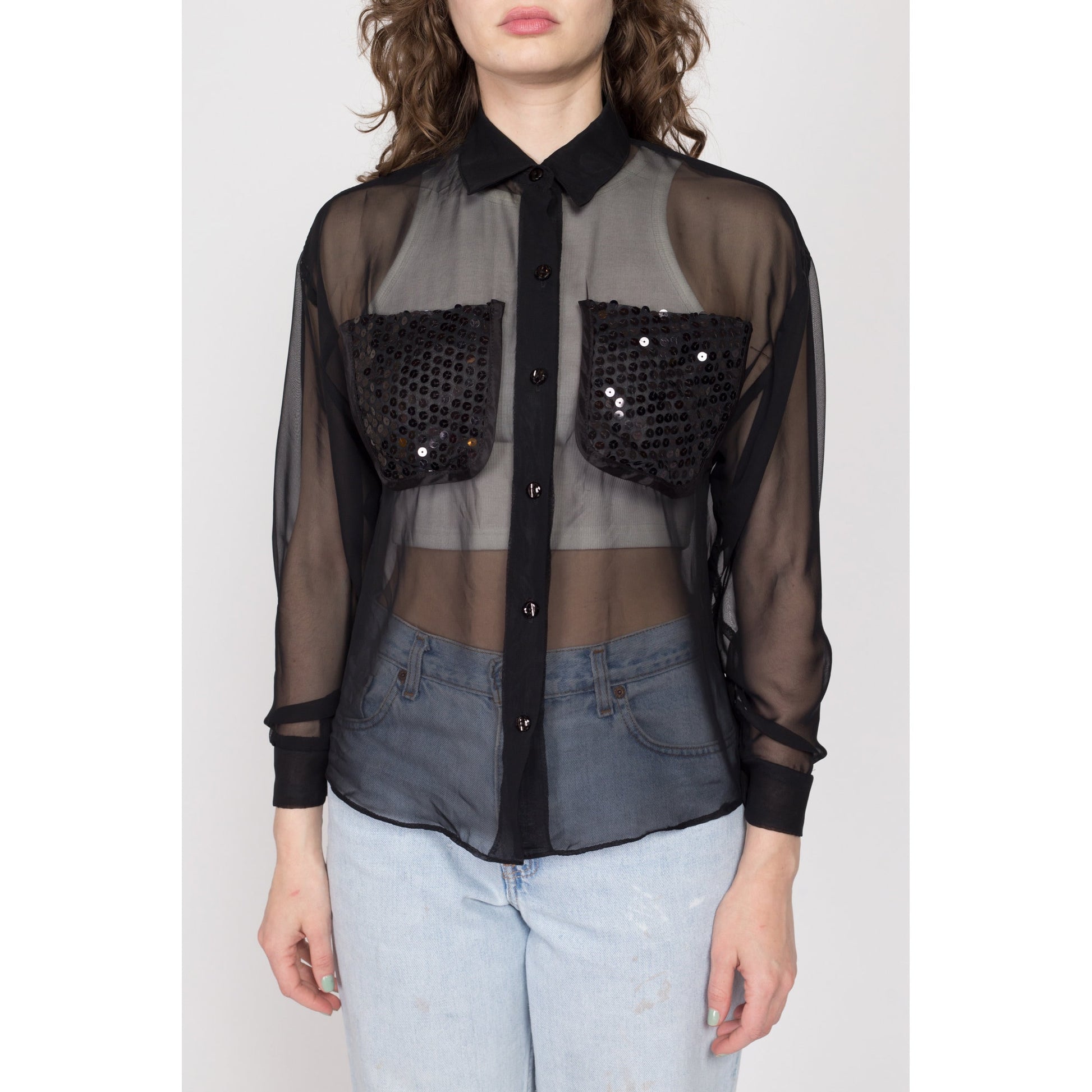 Small 90s Sheer Black Sequin Chest Pocket Blouse | Vintage Button Up Long Sleeve Collared Top