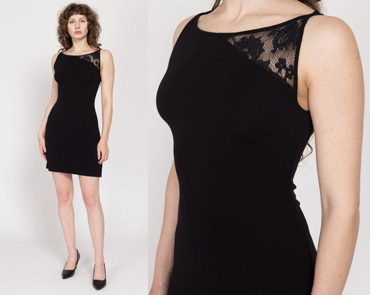 Small 90s Bebe Lace Cutout Little Black Dress | Vintage Sleeveless Fitted Mini Cocktail Party Dress